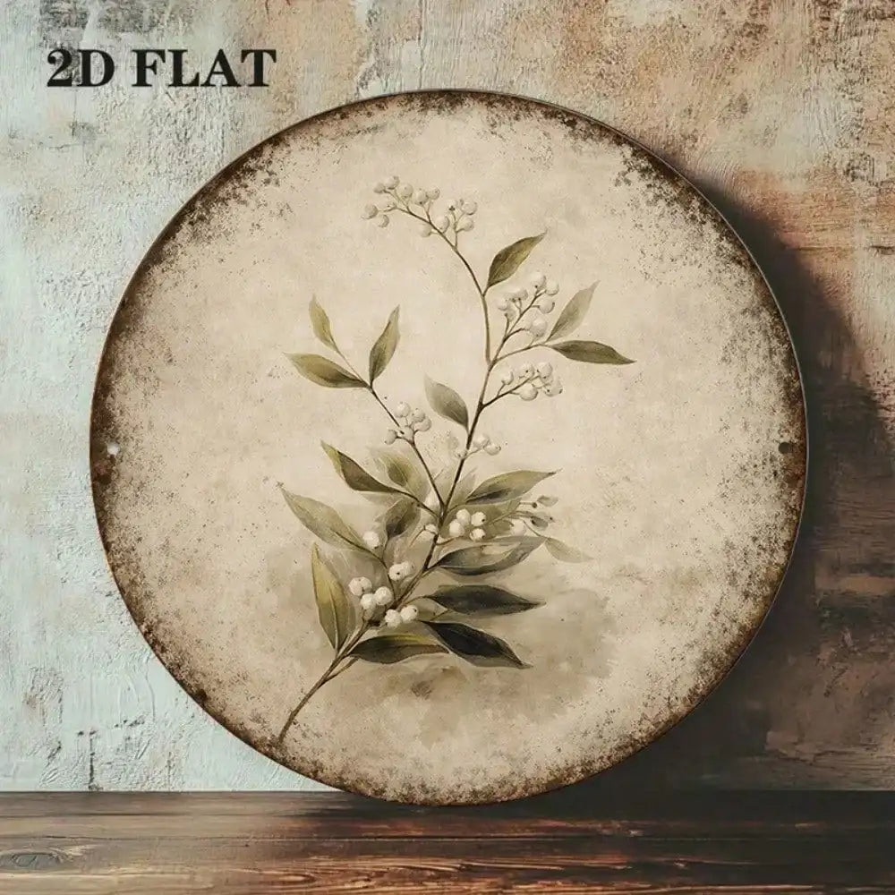 Vintage Botanical Wall Sign – Round Tin Floral Decor 8x8"
