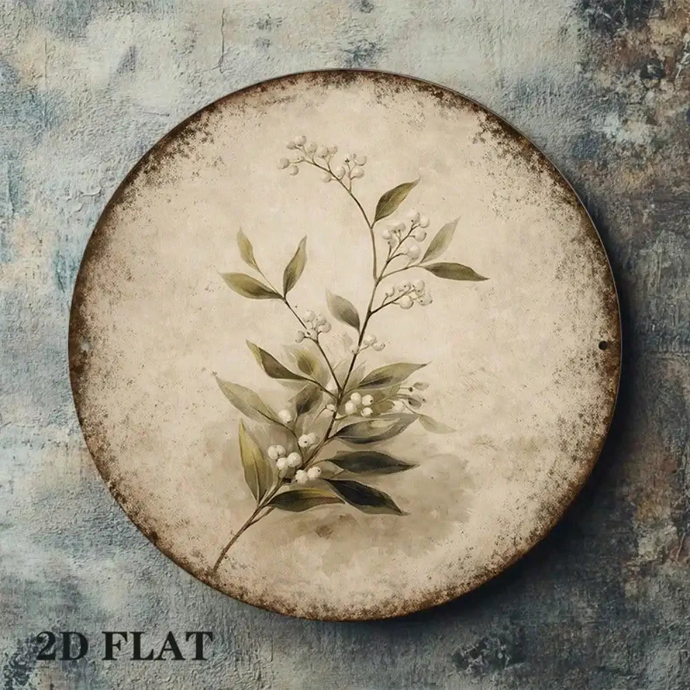 Vintage Botanical Wall Sign – Round Tin Floral Decor 8x8"