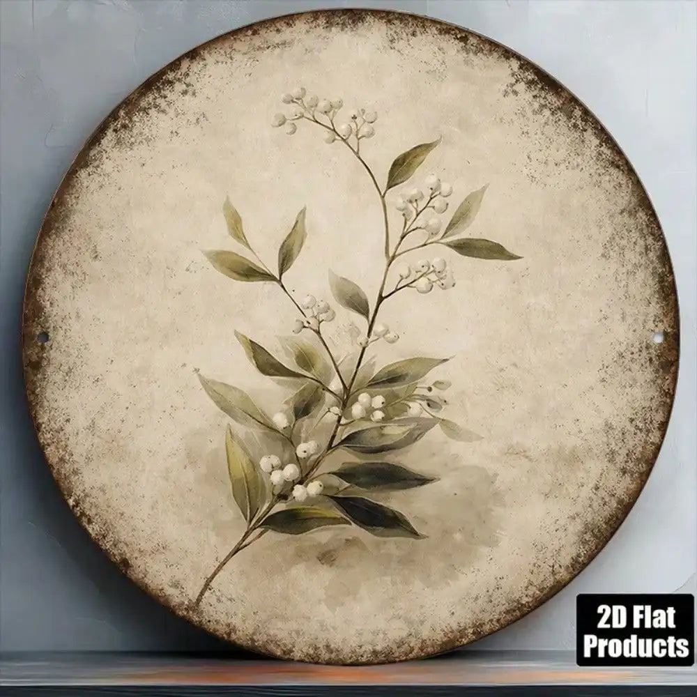 Vintage Botanical Wall Sign – Round Tin Floral Decor 8x8"