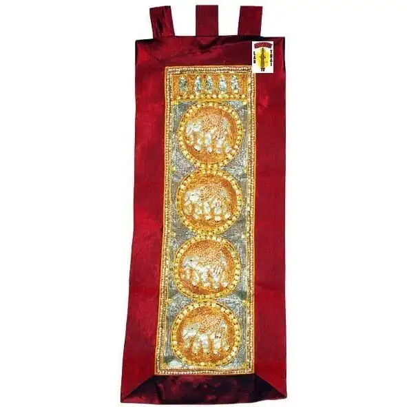 LuxeHome by Uniquely Thai Lao TV: Kalaga Embroidered Elephant Wall Tapestry - Orange, 14x36 in.