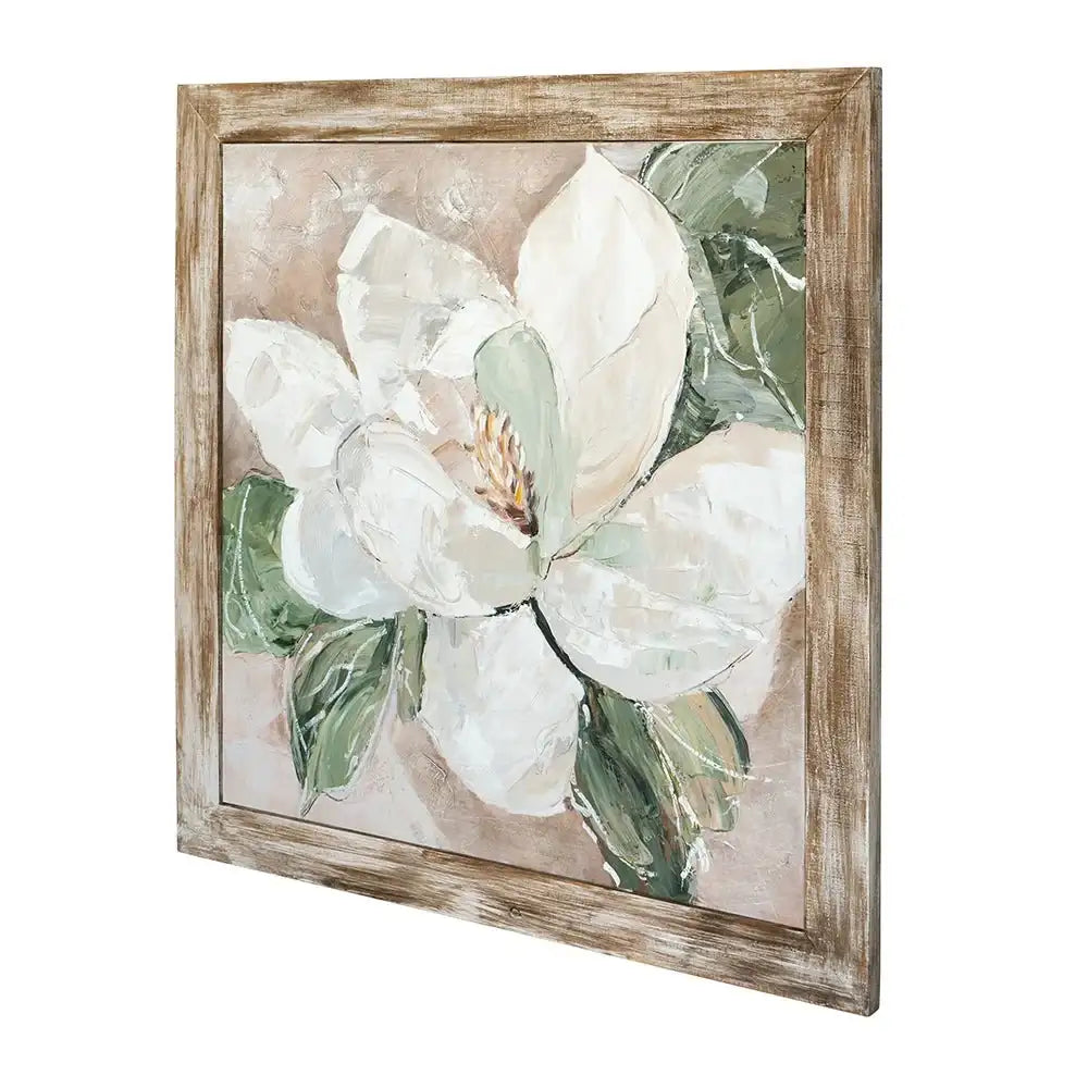 LuxeHome: Rustic Floral Canvas Wall Art | Hand-Painted White Magnolia - 39x39 in.