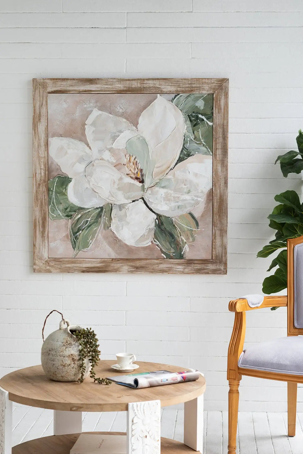 LuxeHome: Rustic Floral Canvas Wall Art | Hand-Painted White Magnolia - 39x39 in.