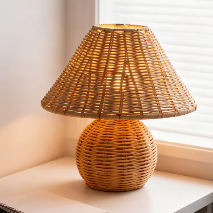 Woven Rattan Sphere Table Lamp | Boho Natural Wicker Desk Light