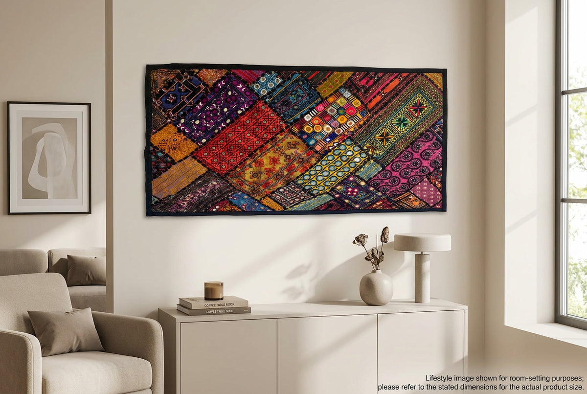 Handcrafted Sindhi embroidered textile patchwork wall hanging, approximately 36 by 13 inches